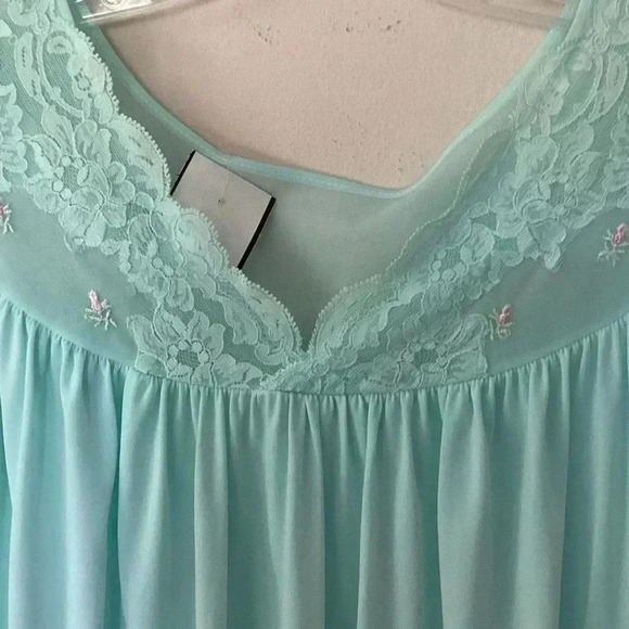 Vintage Shadow Line L Aqua SILKY NYLON Nightgown Negligee Gown Pink Rose USA - Picture 2 of 12